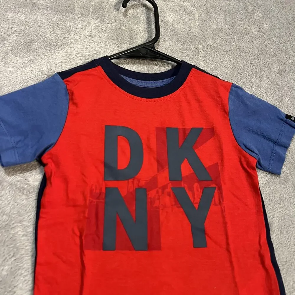 DKNY Shirt Toddler Boys 2T Red Blue Colorblock Graphic Logo Cotton Tee Crewneck